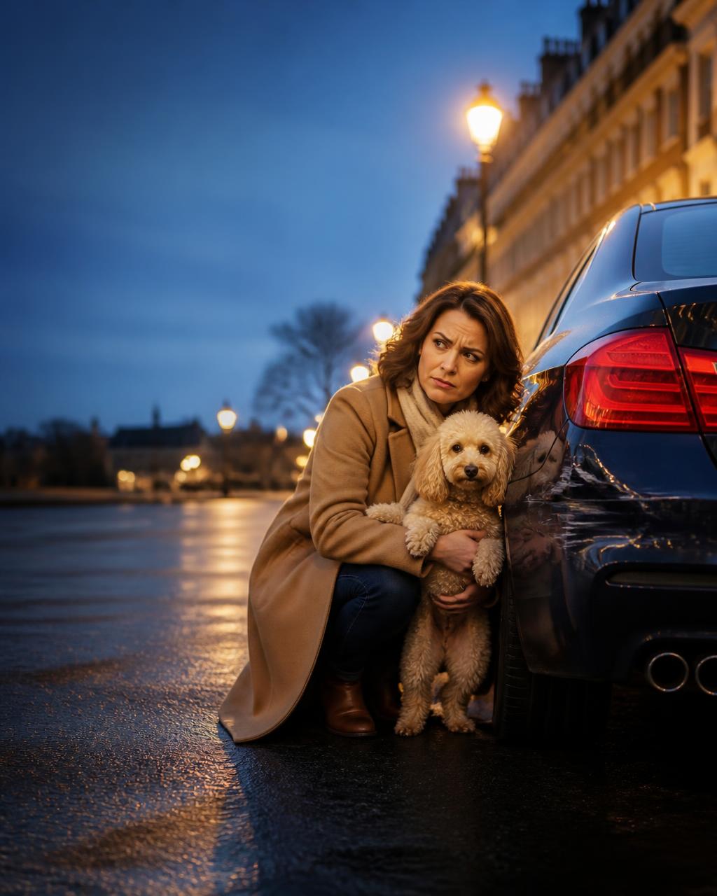 A woman holding a poodle crouches beside a dented navy car, looking puzzled