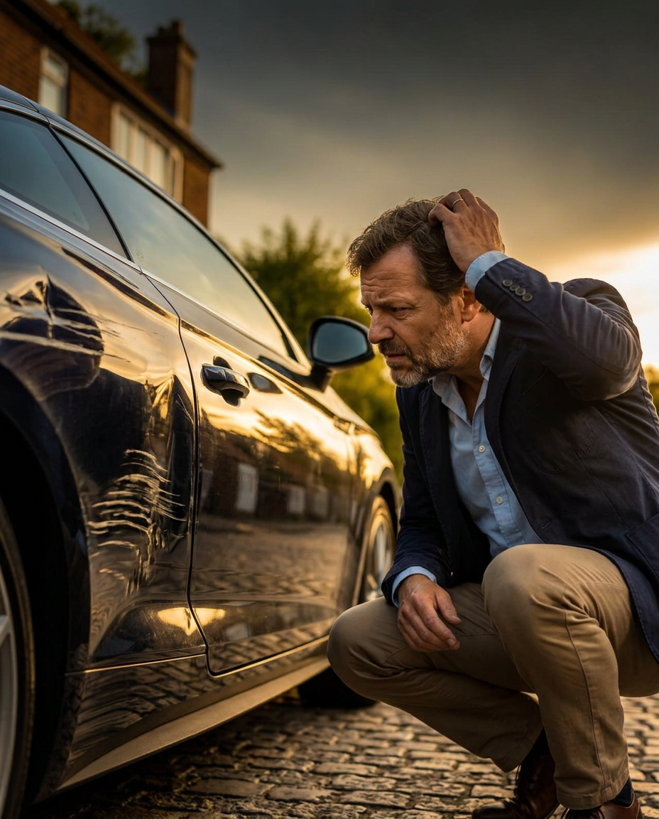 A car owner scratches his head, puzzling over a dent and scratch on his polished navy car